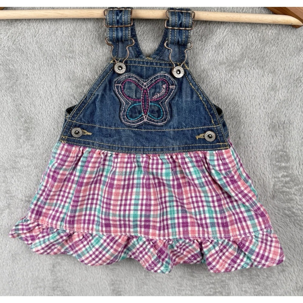 OshKosh B'Gosh Overall Dress Baby Girl 3 Months Butterfly Denim Multicolor Plaid